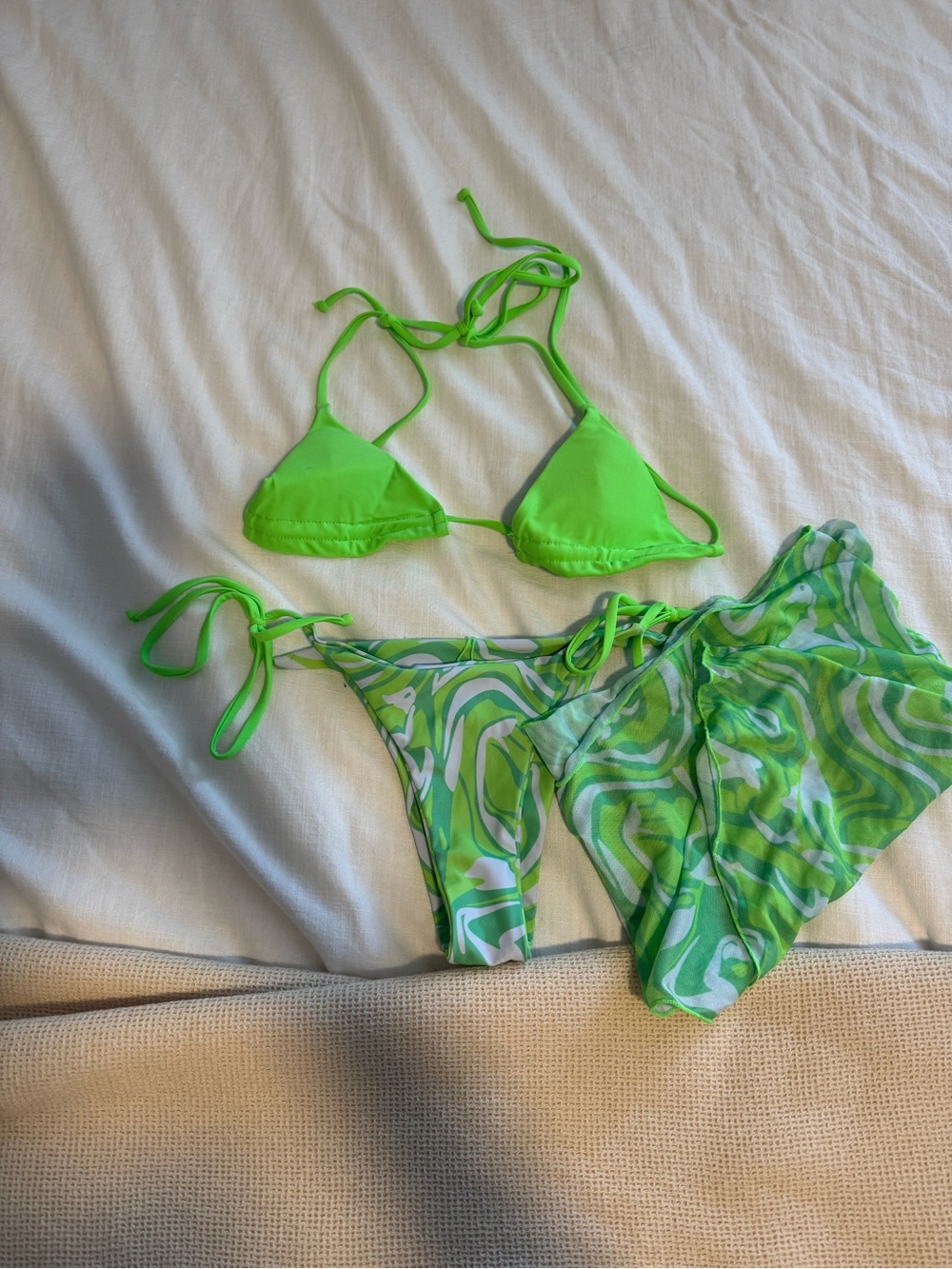 Neon Green Triangle Bikini with Swirl Sarong